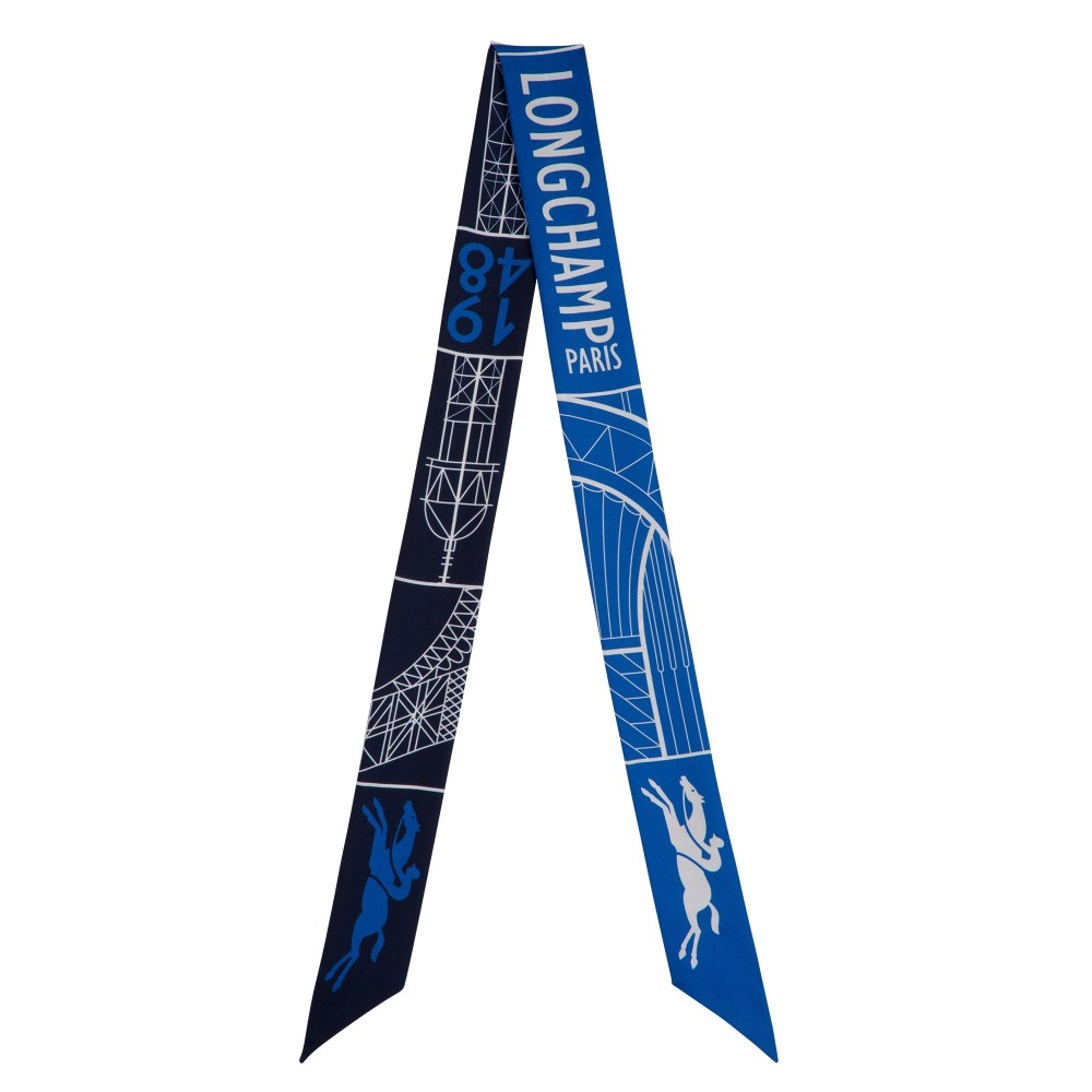LONGCHAMP FOULARD EN SOIE BANDEAU TOUR EIFFEL 1948 MARINE