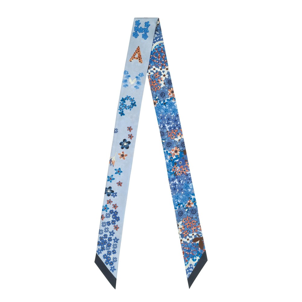 LONGCHAMP FOULARD EN SOIE BANDEAU COLLIER DE FLEURS MARINE