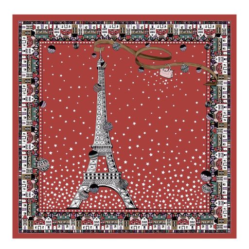 LONGCHAMP FOULARD EN SOIE CARRE 50 CM TOUR EIFFEL NOEL TERRACOTTA