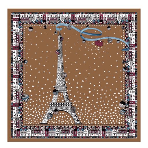 LONGCHAMP FOULARD EN SOIE CARRE 50 CM TOUR EIFFEL NOEL NOISETTE