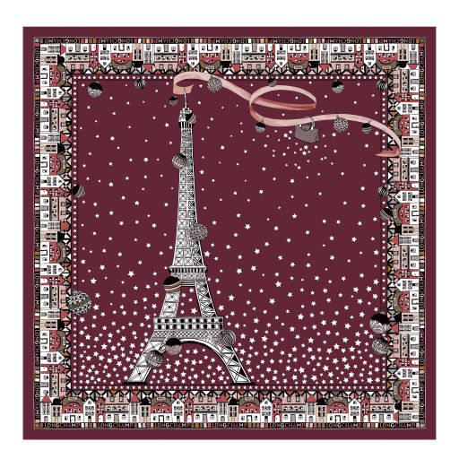 LONGCHAMP FOULARD EN SOIE CARRE 50 CM TOUR EIFFEL NOEL ROUGE LAQUE